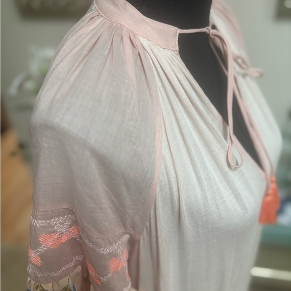 Anthropologie Embroidered Ruffle Pink Tunic Boho Mini Dress Coastal Cowgirl Sz S - Picture 9 of 12